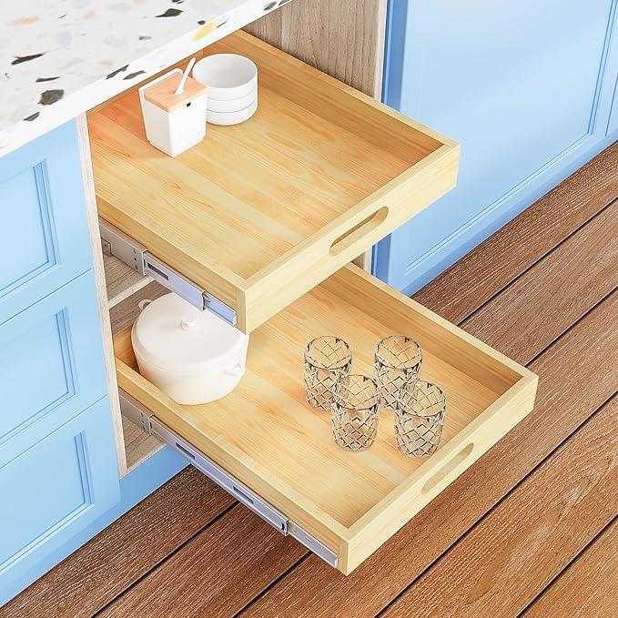 Pull Out Cabinet Organizer, 1PC 18” W x 21” D Soft Close Slide Out Wood Drawer Storage Shelves for Kitchen, Base Cabinet Organization for Pantry, Finished, Heavy-Duty, Bottom Assembly