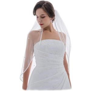 SAMKY 1T 1 Tier 1/4" Ribbon Edge Rhinestone Crystal Wedding Veil (Elbow Length 30", Ivory)