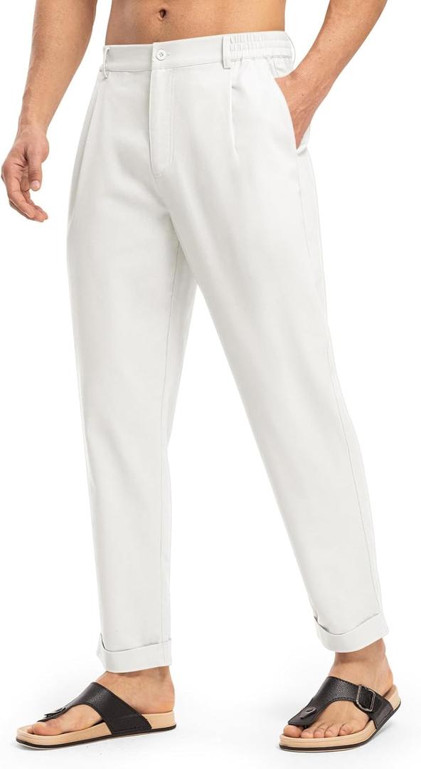 Rdruko Men's Lightweight Casual Pants Slim Fit Cotton Linen Pants Elastic Waist Summer Beach Pants with Pockets (White, XL)