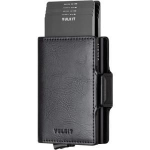 VULKIT Credit Card Holder RFID Blocking Leather Automatic Pop Up Wallet Magnetic Wallet Double Card Case for Men and Women (Black)