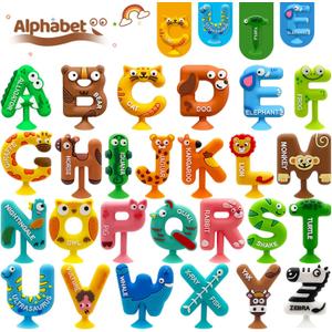 26pcs Alphabet Bath Toys for Toddlers , Educational Suction Bath Toys with Animal Letters, Montessori Sensory Toy for Kids 3-12, No Hole Food-Grade Silicone Toys for Autism/ADD/ADHD