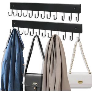 2 Pack Purse Organizer Wall Mount with 24 Rotating 180 Coat Rack, 14.6" Wooden Entryway Purse Holder, Wall Hooks for Hanging Belts, Ties, Keys, Scarf, Bras, Bag, Space Saving Hanger (Black)