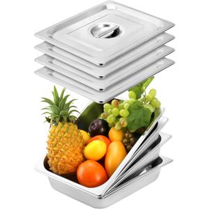 QWORK 201 Stainless Steel Half Size 1/2 Chafing Dish Pan Set, 4 Pack 2.5" Deep 0.03" Thick 3.9L Heat-Resistant Pans with Lids, Steam Table Pans for Catering & Food Service
