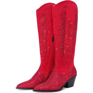 Knee High Cowboy Boots for Women Cowgirl Western Boots Rhinestone Bling Pointed Toe Chunky Heel Pull On Fashion Shoes Tall Black Boot (6)