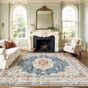 Washable 9x12 Area Rug - Large Rug for Living Room Stain Resistant Low Pile Carpet Vintage Oriental Rug for Bedroom with Non Slip Backing Home Decor Floor Decor Mat (9x12 Blue/Beige)