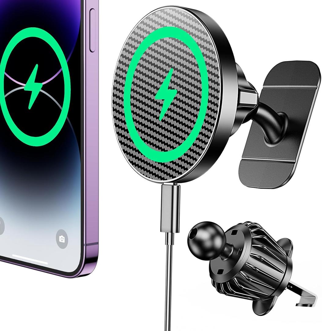 Coolpow for Magsafe Car Mount Charger100% Stable15W Magsafe Car Charger Magnetic Phone Holders for Your Car Accessories for Women Men car Phone Holder Wireless Car Charger for iPhone (Carbon Fiber)