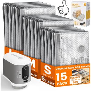 15 Pack Vacuum Seal Bags for Clothing Travel with -60KPa Rechargeable Wireless Pump, Space Saver Compression Vacuum Storage Bags in Multiple Carry-On Sizes for Luggage, Suitcase and Seasonal Storage