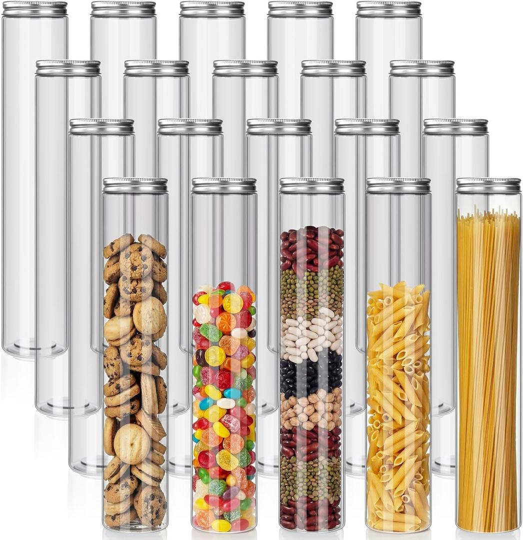 20 Pcs Plastic Jars with Lids 20 oz Plastic Food Storage Jar Spaghetti Containers Cylinder Containers with Screw on Lids for Dry Goods, Spice, Noodles, Spices and More(Silver)