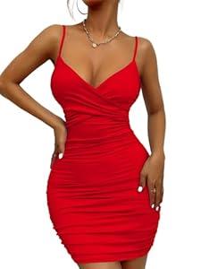 CUTEMOOT Women's 2024 Sexy V Neck Spaghetti Straps Wrap Ruched Sheath Bodycon Cocktail Dress Evening Party Night Club Dresses (S/M, Red)