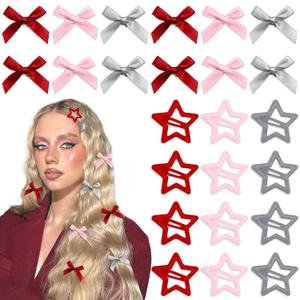 3 x Satin Bow Hair Clips Silver Star Hair Clips Non Slip Small Hair Bows Coquette Cute Hair Accessories for Women