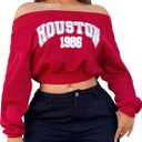 LovelyWholesale Women Off the Shoulder Sweatshirt Long Sleeve Graphic Pullover Crop Tops (Small, Red)