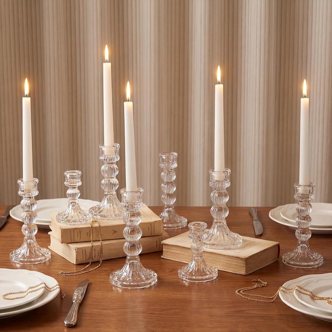 Mumufy 12 Pack Glass Taper Candle Holders Clear Candlestick Holder Fit 0.8 Inch Candles 4'' 6'' 8'' Tall Crystal Decorative Candlestick Stand Centerpiece for Table Wedding Dining Party (Vertical)