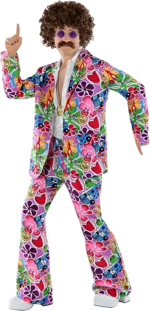fun shack Groovy Mens Hippie Costume, Retro 60s Suit for Men, Adult Groovy Costumes, Vintage Hippie Outfit (Medium)