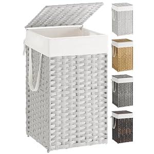 SONGMICS Laundry Hamper with Lid, 17.2 Gallon (65 L) Synthetic Rattan Clothes Laundry Basket with Lid and Handles, Foldable, Removable Liner, Cloud White ULCB165W01