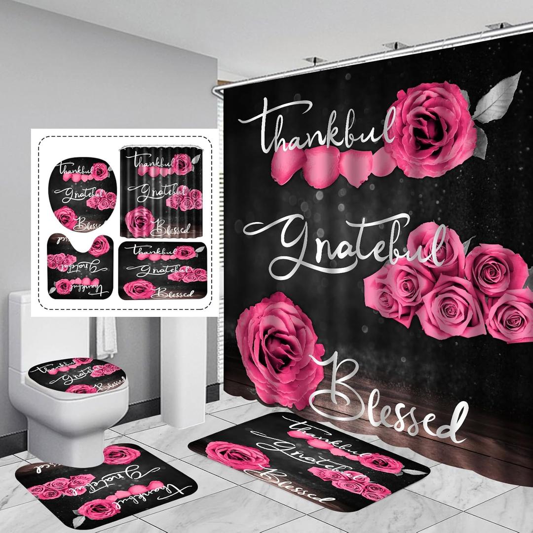 4Pcs Pink Rose Shower Curtain Sets, Thankful Grateful Blessed Bathroom Curtain with Non-Slip Rug, Toilet Lid Cover, Bath Mat and 12 Hooks, Romantic Showy Floral Wedding Decor for Bath, 72 x 72 inch