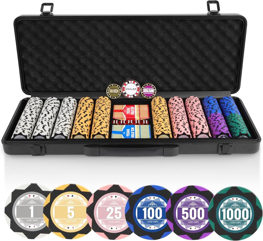ORIENGEAR Poker Chip Set with Denominations 500 PCS with 14 Gram Numbered Clay Chips, Texas Holdem Casino Chip Sets with 2 Decks of Plastic Playing Cards, for Blackjack Gambling Games, Black Case