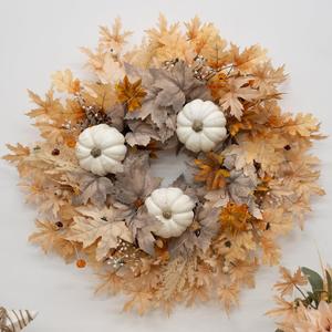 Fall Wreath for Front Door, 26 Inch Autumn Wreath with Lights, Artificial Pumpkin Maple Leaves Berries Autumn Harvest Fall Wreaths for Home Porch Thanksgiving Halloween Indoor Outdoor Decorations