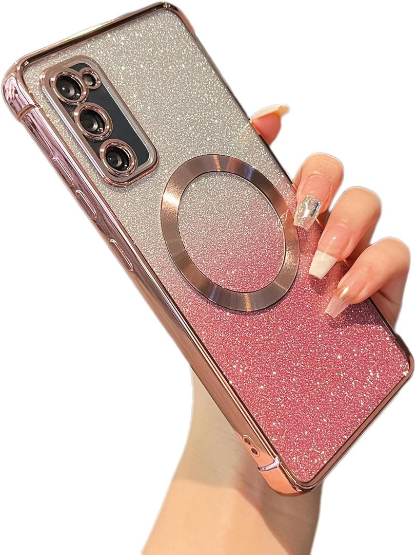ZTOFERA Clear Magnetic Case for Samsung Galaxy S20 FE 5G with Gradient Glitter Peice(2 in 1), Luxury Plating Cute Transparent Bling Sparke Case for Women Girls,Shockproof TPU Protector Cover-Rose Gold