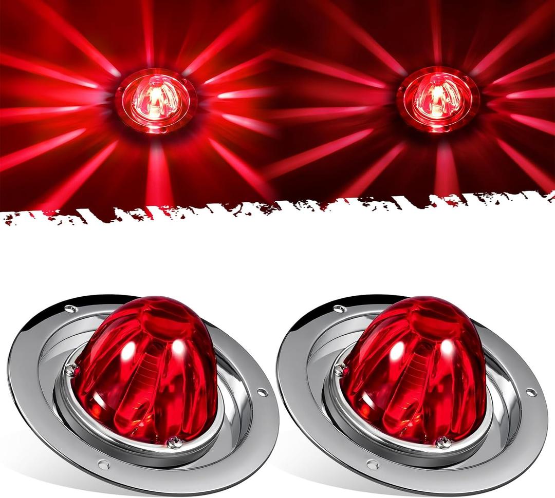 Partsam 2Pcs Red Glass Lens Watermelon Lights Kit LED Stop Turn Tail Lights with Stainless Steel Bezel and Base Replacement for Peterbilt Freightliner Trucks Trailers RVs Motohomes
