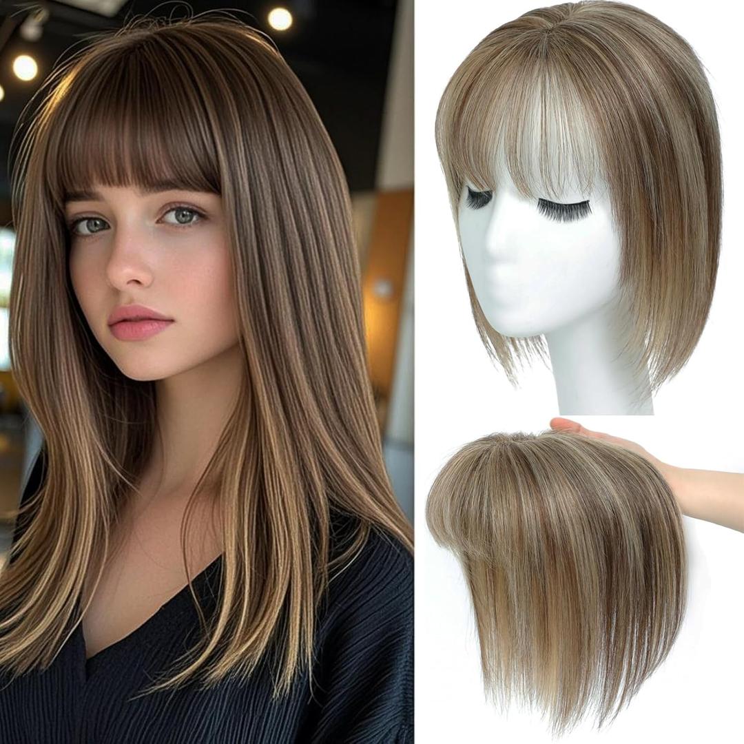 Hair Toppers for Women Real Human Hair, 360 3D Human Hair Toppers for Women with Thinning Hair Upgrade Middle Part Clip in Bangs (P4/27(Big Coverage), 12 Inch-3D-Wispy)