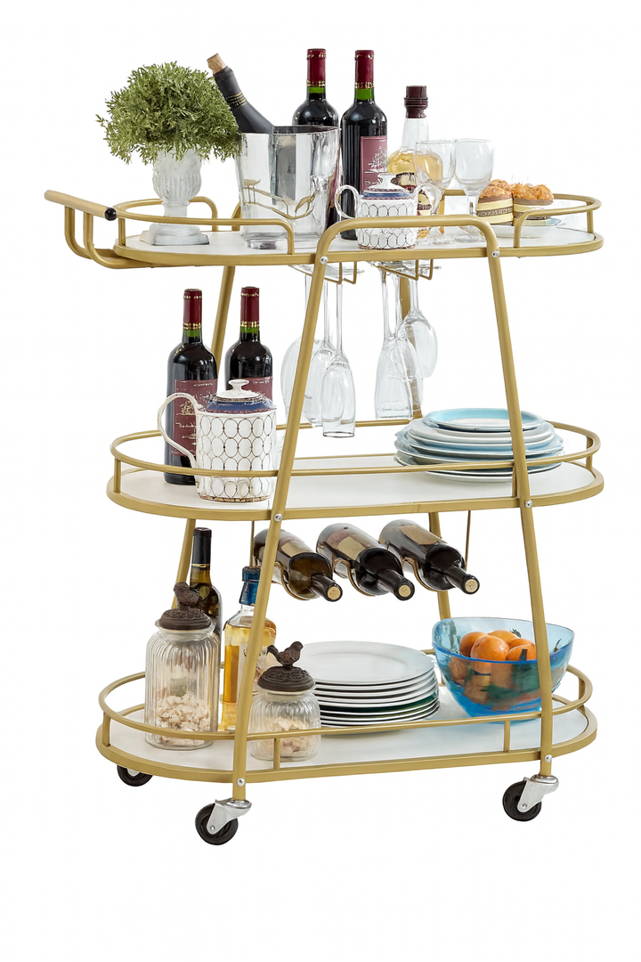 J-yaamiZz Gold 3 Tiers Bar Cart, Home Bar Serving Cart on Lockable Wheels, Rolling Alcohol Cart with Guardrail Wine Rack, Modern Wine Cart for Home Kitchen Dining, Living Room, Medium