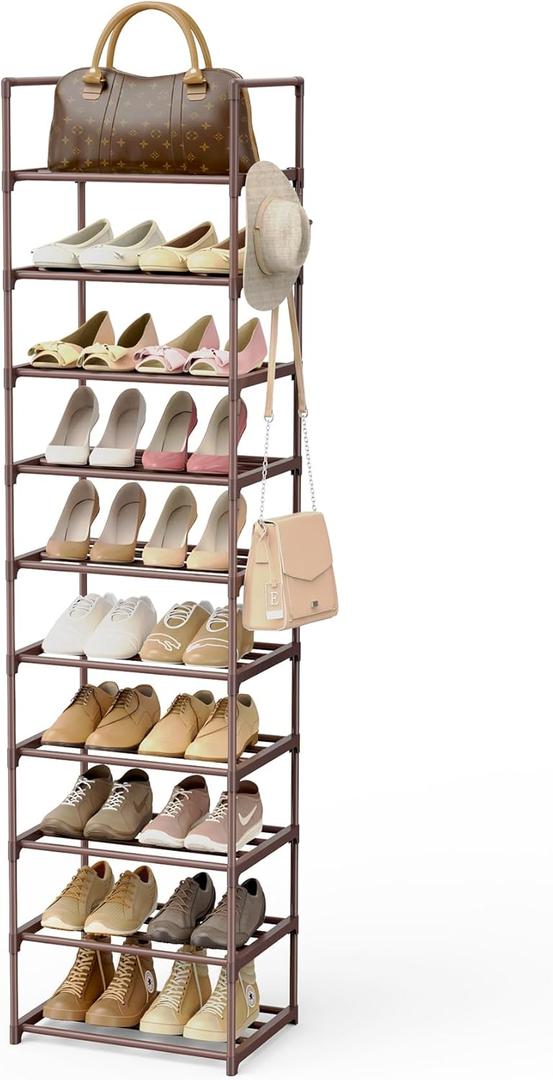 Tall 10 Tier Shoe Rack - 20-24 Pair Storage, Sturdy Metal Shoe Organizer with Hooks for Closet, Entryway, Brown