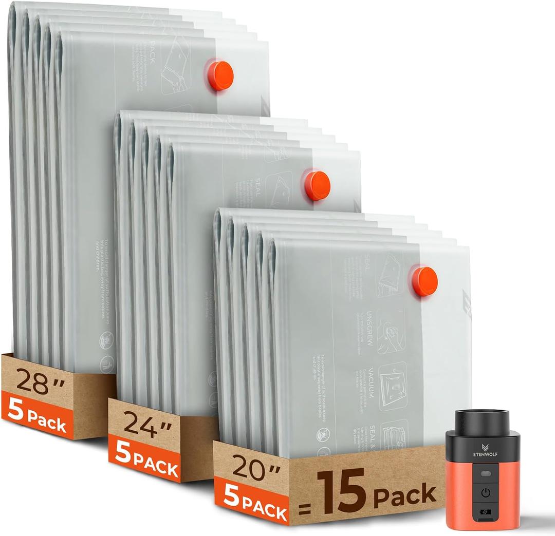 ETENWOLF 15 Pack Reusable Vacuum Seal Bags for Travel with Rechargeable Air Pump,Vacuum Compression Packing Seal for Clothes, Blankets, Seasonal Storage,Carry-On Space Saver Bags in 3 Sizes