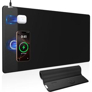 Magnetic Wireless Charging Mouse Pad, 31.5"x15.8" Large Gaming Desk Mat with Superior Stitched Edges, Non-Slip Base, Waterproof Ultra-Smooth Surface Keyboard Pad for Gamer, Office & Home, Black