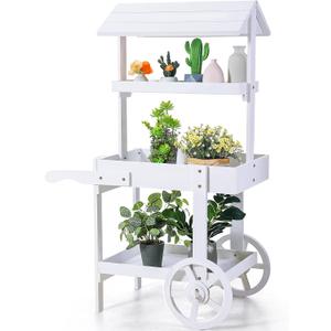 Hanaive Flower Cart Display Stand with Wheels for Bridal Shower Baby Shower Party Large Country Market Vintage Wooden 3 Tier Rolling Table Cart for Display Flower Candy Party Favors and Crafted Items, White