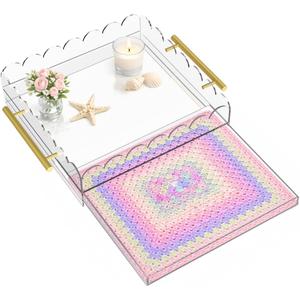 Scalloped Acrylic Tray, 12" x 12" Acrylic Trays for Needlepoint with Metal Handles and Pull-Out Drawer for Photos, Art Prints, Postcards, Decorative Organizer Trays for Vanity & Home