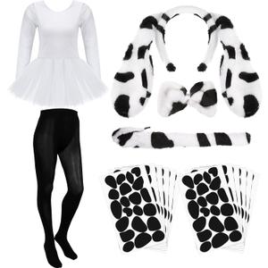 Boyiee Halloween Women Dalmatian Costume Set Dog Ear, Headband, Bowtie, Sleeve Tutu Skirt Black Stocking(L Size,Adult Style)