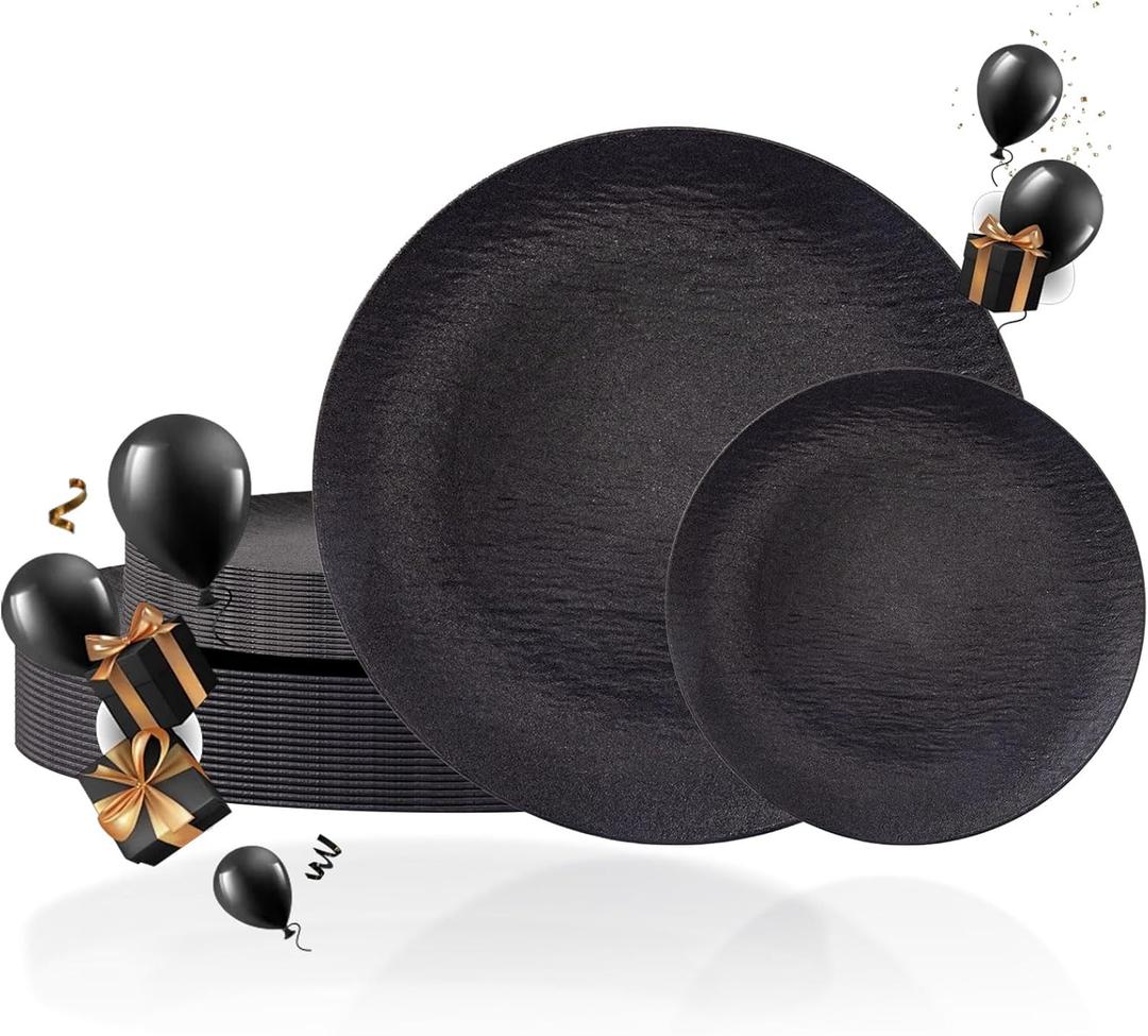 WONDERFUL 32pcs Black Plates Black Plastic Plates Unbreakable and Reusable Plastic Plate Dishwasher safe Dishes Set Includes:16 Dinner 10" & 16 Dessert Plate 7.3" Suitable for Camping Outdoor Party