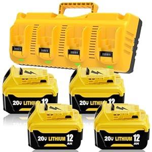 4-Pack 12.0Ah DCB206 Replacement for Dewalt 20V Max Battery 12.0Ah and 4-Port Charger Compatible with Dewalt 20 Volt Lithium Battery DCB200 DCB201 DCB203 DCB204 DCB07 Series Power Tools (Yellow)
