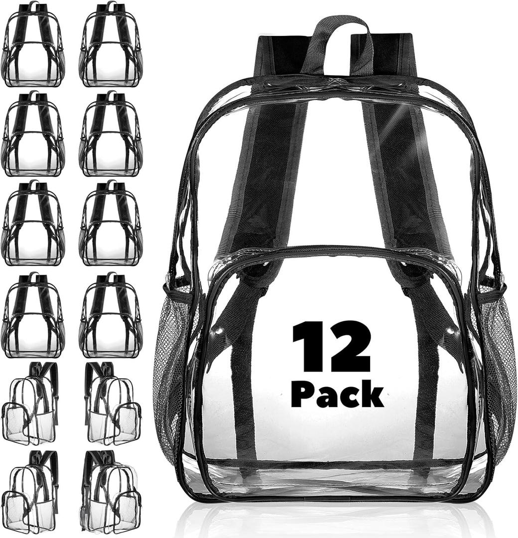Amylove 12 Pcs Clear Backpacks Bulk Heavy Duty Transparent PVC Bookbag for Stadium Security Travel (15 Inches,Black)