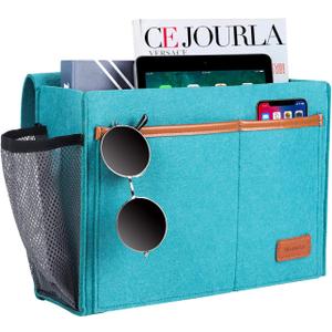 Bedside Caddy, Bed Storage Organizer for Remote Controller, Books, Magzine, Laptop Holder, 12.4'' x 8.6'' inch Bedside Hanging Felt Storage Bag for Dorm Bed with 5 Pockets, Celadon