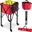 Goplus Foldable Tennis Ball Hopper, Lightweight Aluminum Tennis Ball Basket with Wheels, Removable Bag, Side Pockets, Carry Bag, Portable Sports Teaching Cart Holds 150 Tennis Balls (Red)