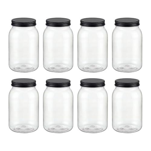 novelinks 32 oz Mason Jars with Plastic Lids, 8 Pack Large Plastic Salad Jars with Lids 32oz, Reusable Spice Containers & Kitchen Jars for Pantry Organization (8 Pack,Black)