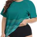 FOREYOND Plus Size Rash Guard Shirts for Women Short Sleeve UPF 50+ Sun Protection Swimwear Swim Suits Top (Blue) 4XL