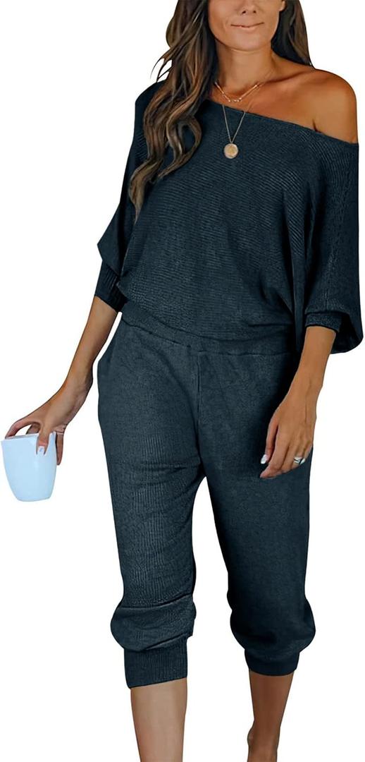 PRETTYGARDEN Two Piece Sets for Women 2026 Casual Ribbed Knit Off Shoulder Tops Lounge Pants Fall Tracksuits Winter Clothes