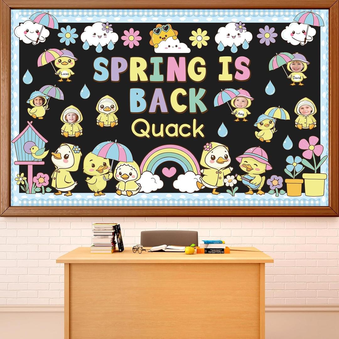 Spring is Back Bulletin Board Set Quack Duck Classroom Decoration Spring Bulletin Board Ducks Rainbow Cloud Photo Craft Cutouts for School Classroom Back to School Door Chalkboard Wall Decor, 59.1 x 35.4 inches