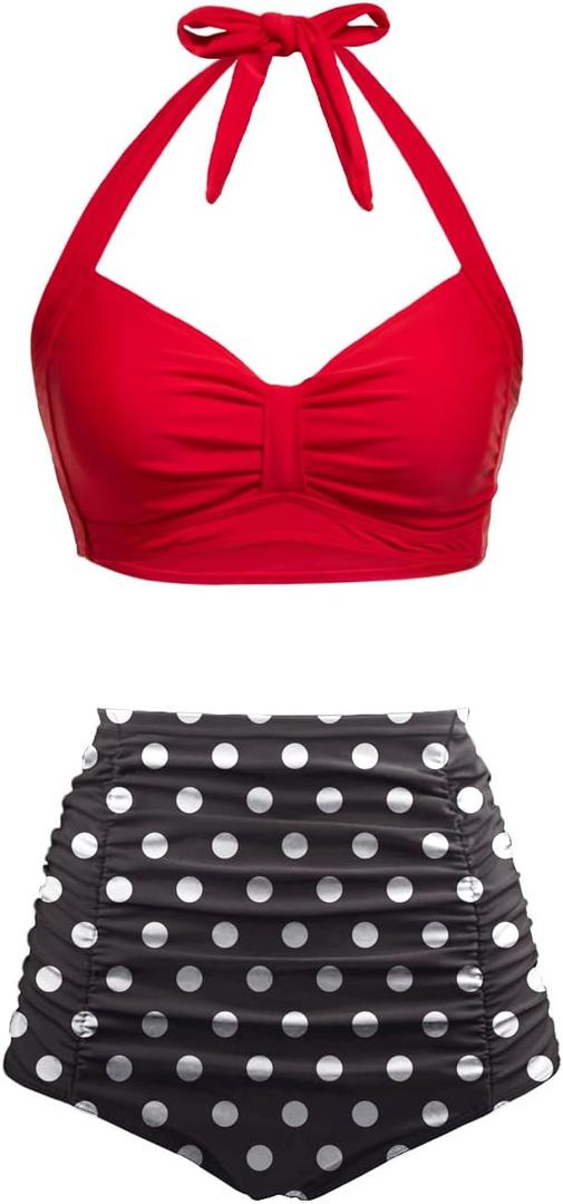 Holipick Women High Waisted Bikini Set Two Piece Swimsuit Tummy Control Bathing Suit Vintage Halter Swimwear (Medium, Red Black Polka)