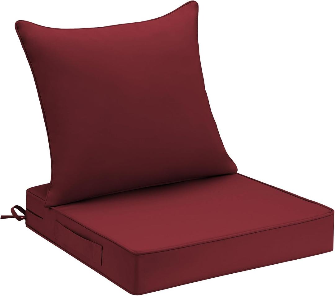 UNIKOME 22"x22"x3" Outdoor Chair Cushions Set - Waterproof Patio Cushions for Outdoor Furniture with Removable Cover, Ties & Handle, Deep Seat Patio Cushions for Sofa Couch - Burgundy