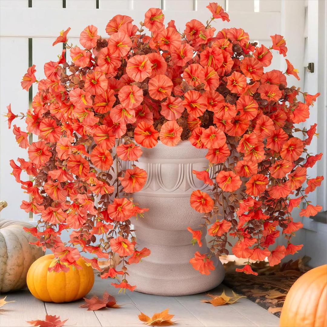 Fake Mums Artificial Fall Hanging Flowers for Outdoors Decoration, 2 PCS Fake Silk Morning Glory with Brown Eucalyptus UV Resistant Plants for Wall Home Porch Patio Balcony Yard Decor (Orange) Fake Mums Artificial Fall Hanging Flowers for Outdoors Decoration, 2 PCS Fake Silk Morning Glory with Brown Eucalyptus UV Resistant Plants for Wall Home Porch Patio Balcony Yard Decor (Orange)