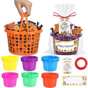 Patelai 24 Set Halloween Baskets for Gifts Empty Candy Goodie Stuffers Plastic Birthday Gift Baskets with Handles Birthday Greeting Cards and Stickers for Halloween Party Classroom Home Storage Decor