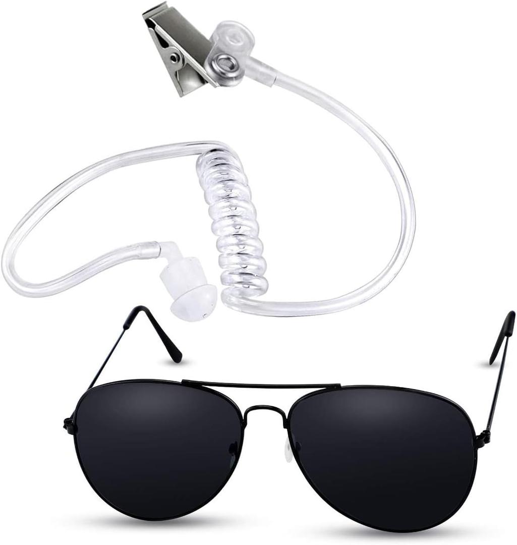 Twdrer 2-Piece Spy Agent Costume Set with Earpiece & Sunglasses, Secret Service Security Guard Accessories for Men Wome, Halloween Cosplay Party