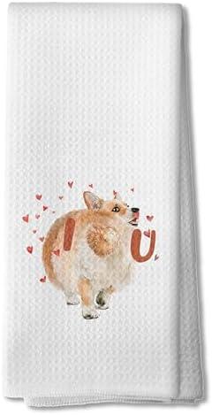 DOFQZ Corgi I Love You Kitchen Towels, Decorative Hand Dish Tea Towels for Her Girlfriend Wife, Corgi Gifts for Corgi Lovers, Kitchen Bathroom Decor, 16x24 Inch, Pack of 2