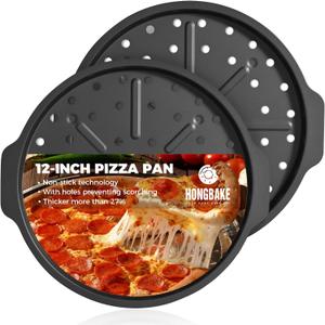 HONGBAKE 2 Pack Pizza Pan with Holes 12 Inch, Nonstick Pizza Tray for Oven with Widen Handles, Hot Air Pizza Crisper Tin, Round Baking Sheet for Frozen & Homemade Pizza, Grey (Gray)