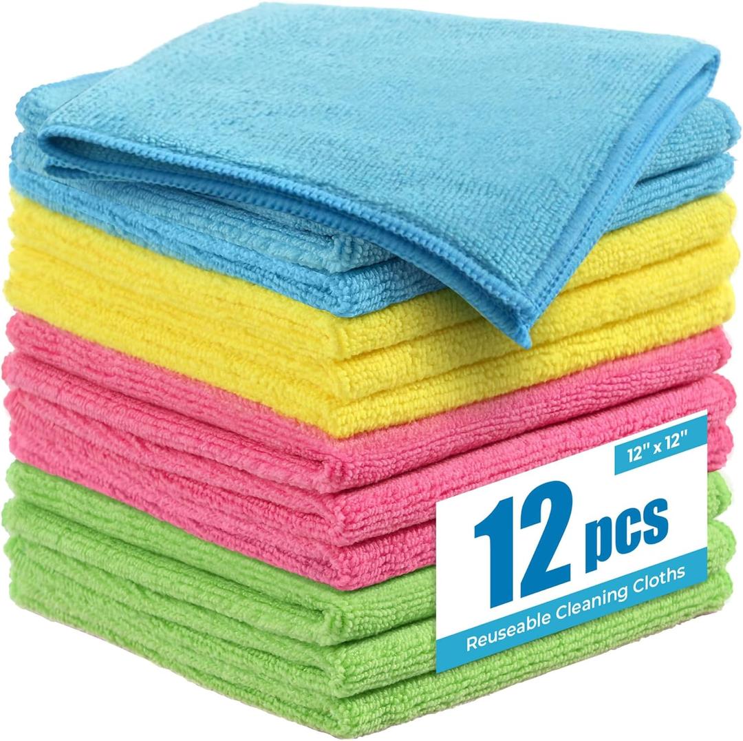 Microfiber Cleaning Cloth 12 Pack, 12x12 Inch Reusable Kitchen Towels, Lint Free Streak Free Super Absorbent Soft Cleaning Rags for House, Window, Glass, Assorted Colors