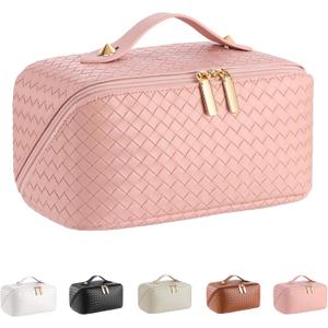 Large Capacity Travel Cosmetic Bag - Portable Makeup Bags for Women Waterproof PU Leather Checkered Makeup Organizer Bag with Dividers and Handle,Toiletry Bag for Cosmetics (Medium, woven-pink)