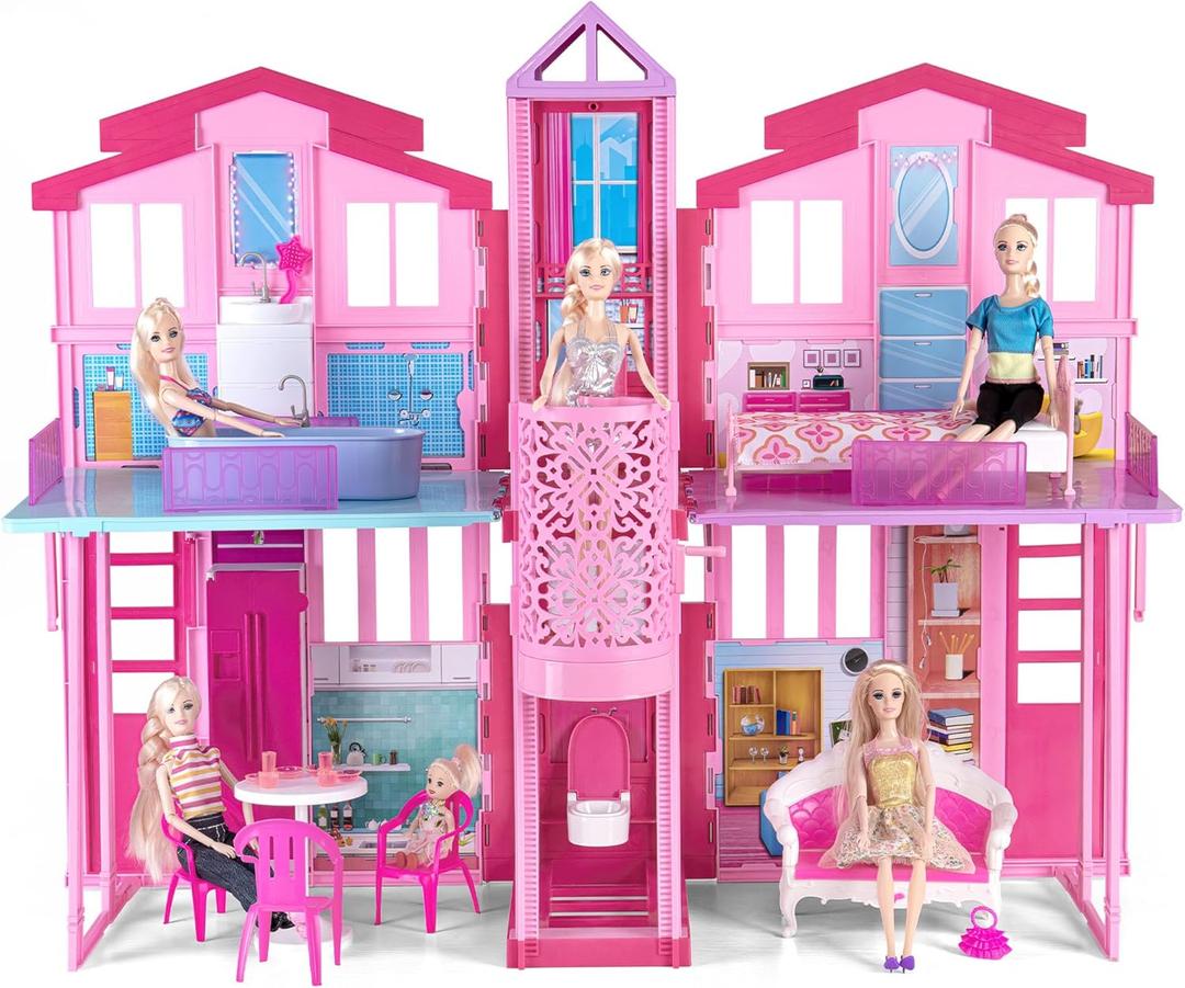 My Dreamy Doll House, Dollhouse Playhouse with Large Rooms & Big Furnitures, Including Elevator, Foldable Dolls House Toys Gifts for Girls Kids Ages 3+